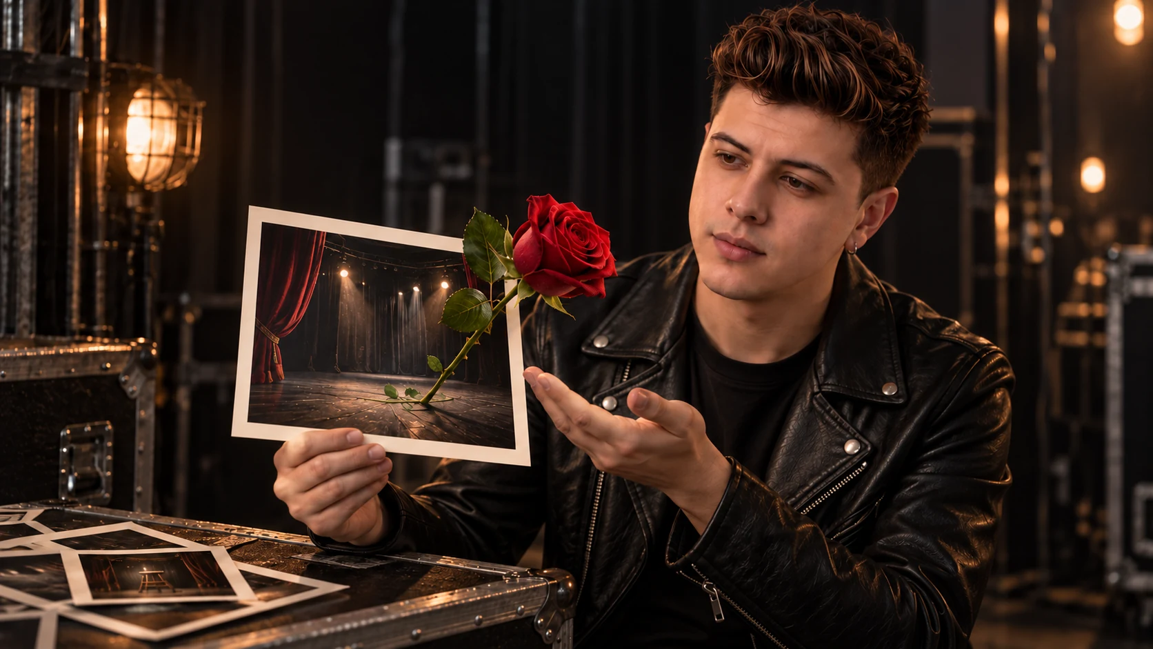 Chris Abraham sostiene una fotografia de un escenario y una rosa roja